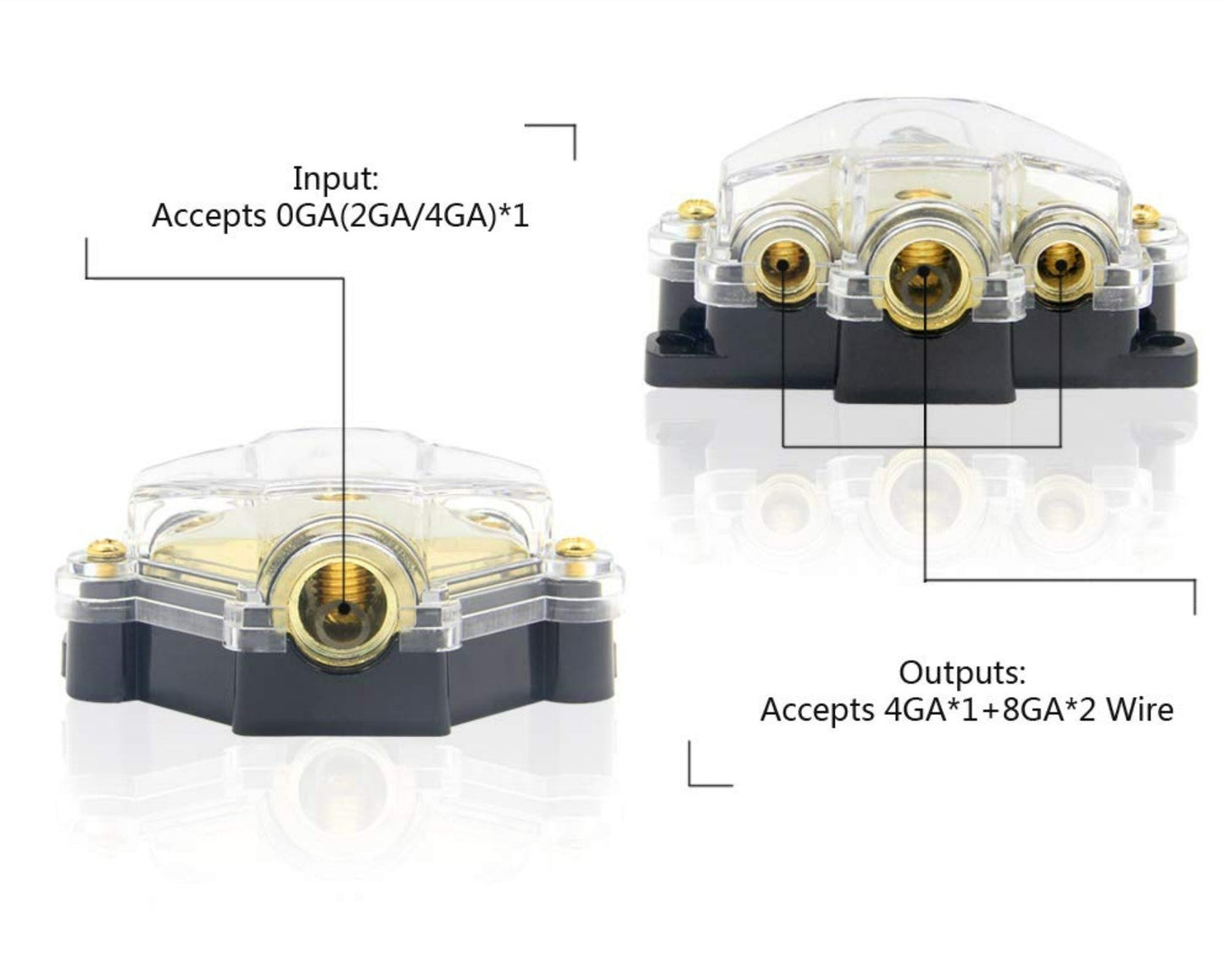 3 Way Power/Ground Distribution Block 2 AWG In, 2x 8 AWG Out, 1x 4 AWG Out