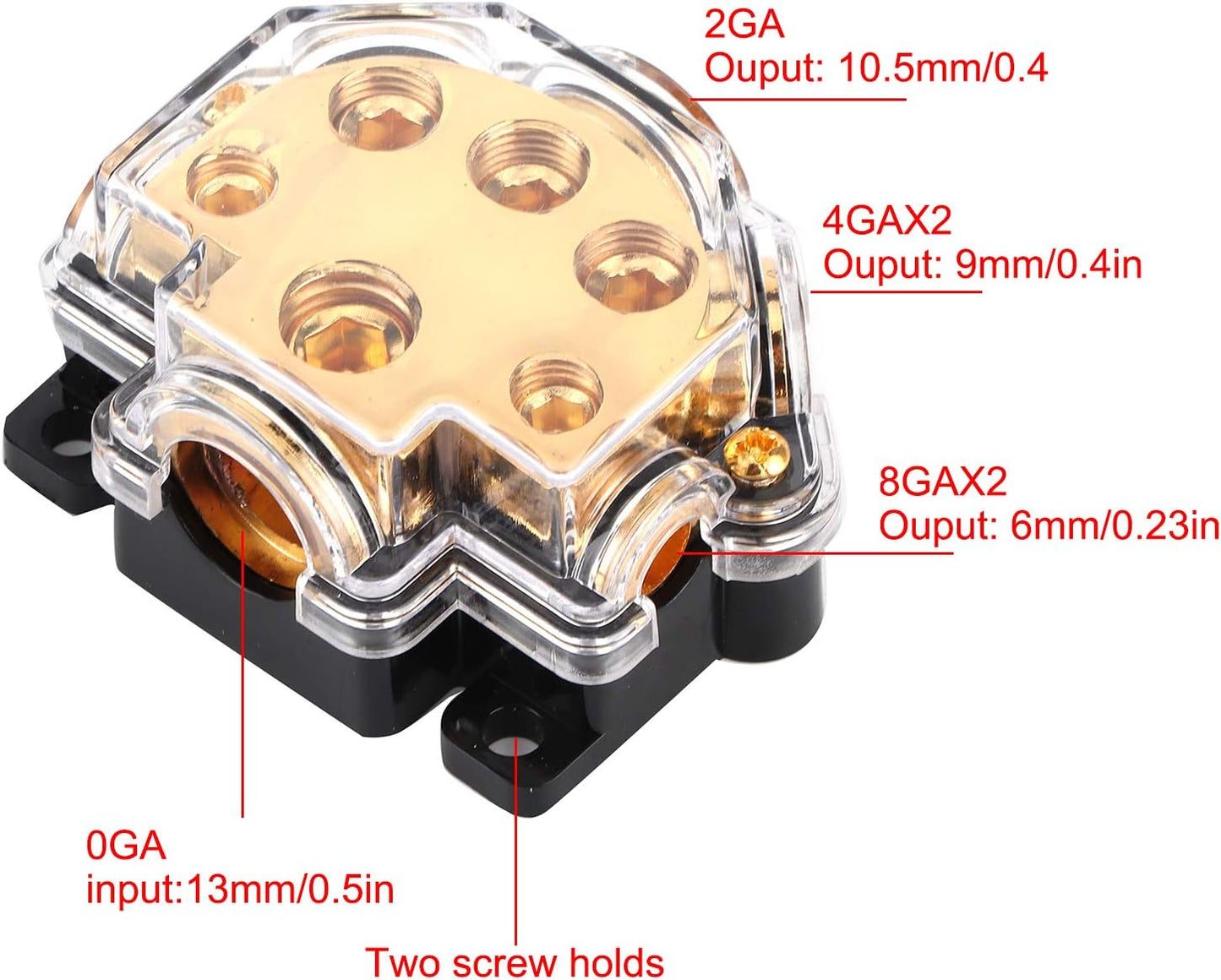 5 Way Distribution Block 0 AWG In, 2/4/8 AWG Out Car Audio Amp Power Ground Distributor Gold