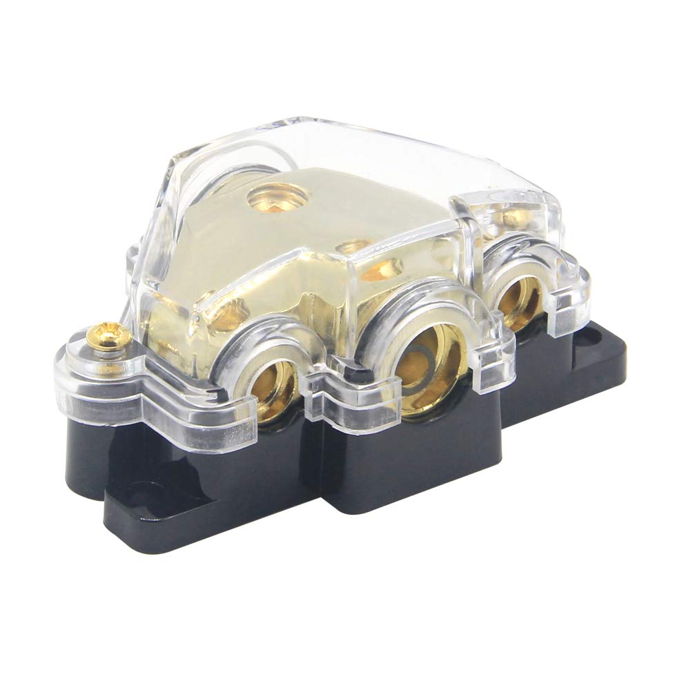 3 Way Distribution Block 2 AWG In, 2x 8 AWG Out, 1x 4 AWG Out Car Audio Amp Power Ground Distributor Gold