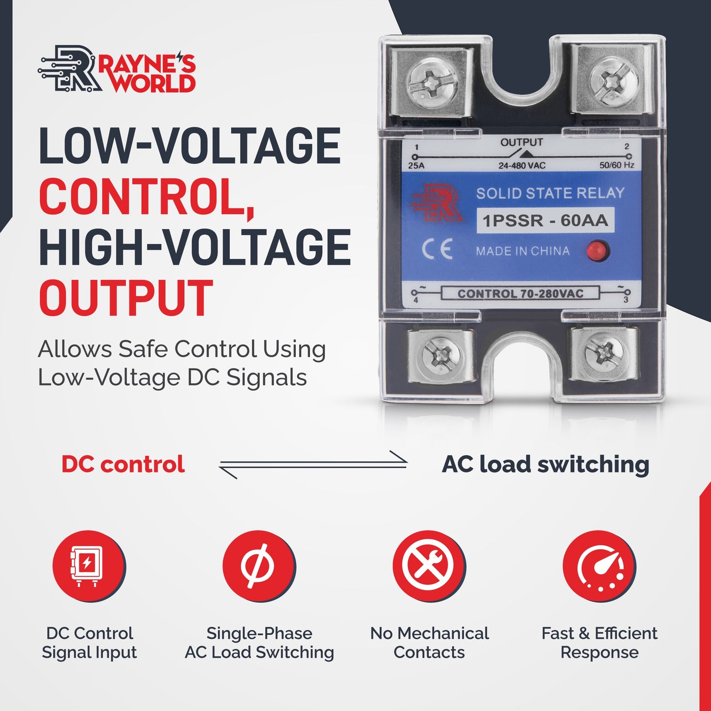 60 Amp AA Solid State Relay Module SSR-AC to AC-70-280VAC Control-24-480VAC Output