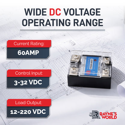 60 Amp DD Solid State Relay Module SSR-DC to DC-3-32VDC Control-12-220VDC Output