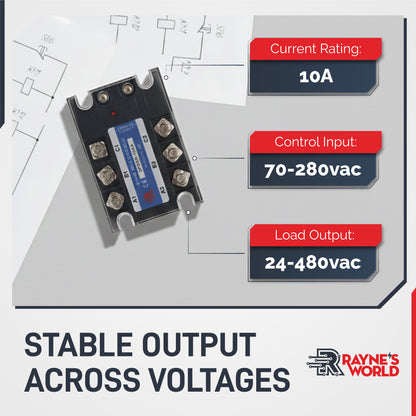 10 Amp AA 3 Phase Solid State Relay Module SSR-AC to AC-70-280VAC Control-24-480VAC Output
