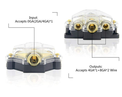 3 Way Power/Ground Distribution Block 2 AWG In, 2x 8 AWG Out, 1x 4 AWG Out