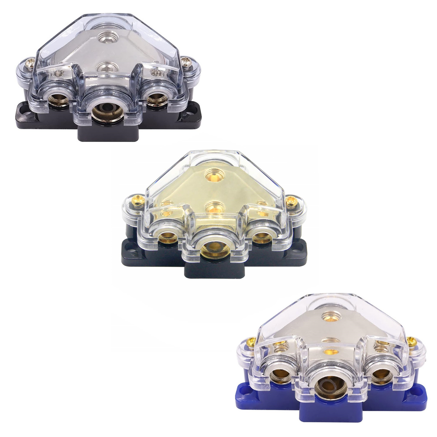 3 Way Power/Ground Distribution Block 2 AWG In, 2x 8 AWG Out, 1x 4 AWG Out