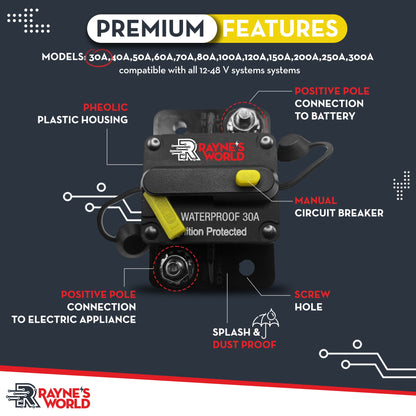 30A-300 Amp Waterproof Circuit Breaker Manual Reset 12-48V DC
