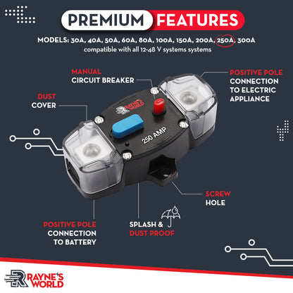 250 Amp Inline Waterproof Circuit Breaker with Dust Covers 12-48V