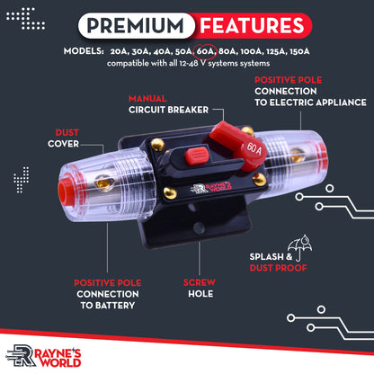 60 Amp Inline Waterproof Circuit Breaker Auto/Marine/Solar Manual Reset 12V-48V